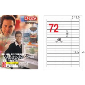 龍德 LD-8112-HG-A A4三用電腦標籤 亮面防水相片噴墨材質 白色 15x45mm 72格 105 大張