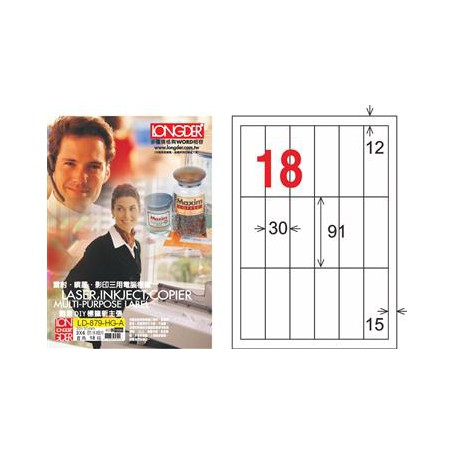 龍德 LD-879-HG-A A4三用電腦標籤 亮面防水相片噴墨材質 白色 91x30mm 18格 105 大張