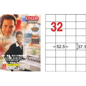 龍德 LD-846-HG-A A4三用電腦標籤 亮面防水相片噴墨材質 白色 37.1x52.5mm 32格 105 大張