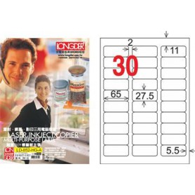龍德 LD-852-HG-A A4三用電腦標籤 亮面防水相片噴墨材質 白色 27.5x65mm 30格 105 大張