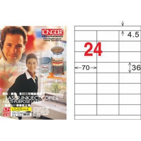 龍德 LD-826-HG-A A4三用電腦標籤 亮面防水相片噴墨材質 白色 36x70mm 24格 105 大張