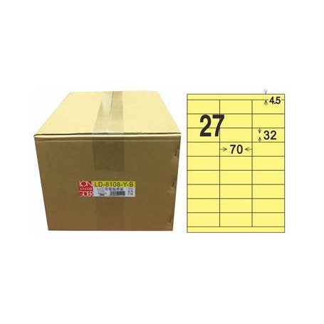 龍德 LD-8108-Y-B A4三用電腦標籤 色模造材質 淺黃色 32x70mm 27格 1000 大張
