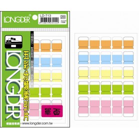 龍德 LD-713 五彩分類索引片 模造紙+透明PVC 橘.粉紅.淺藍.淺綠.淺黃 15x17mm 25格 100張/包