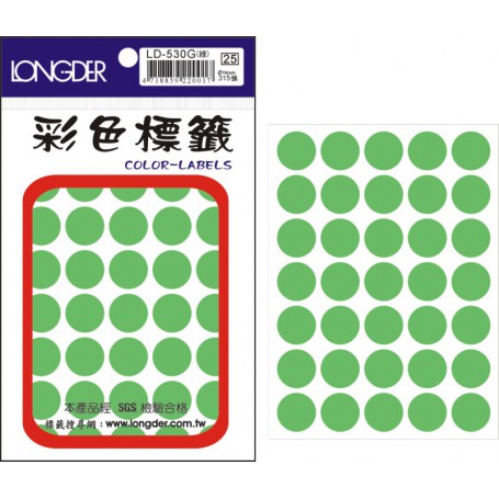 龍德 LD-530G(螢光綠) 彩色標籤 螢光紙材質 螢光綠色 16mm 35格 315張/包
