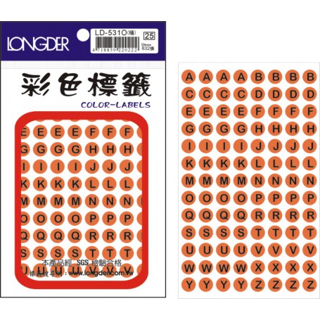 龍德 LD-531O(螢光橘) 彩色標籤 螢光紙材質 黑色 9mm 104格 832張/包