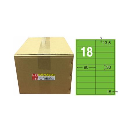 龍德 LD-847-FG-B A4雷射影印電腦標籤 銅版紙染色 螢光綠色 30x90mm 18格 1000 大張