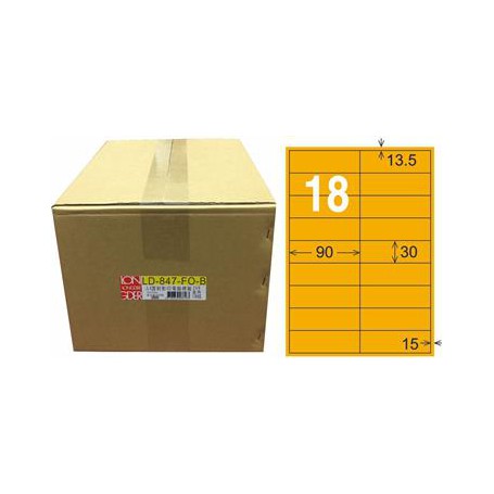龍德 LD-847-FO-B A4雷射影印電腦標籤 銅版紙染色 螢光橘色 30x90mm 18格 1000 大張