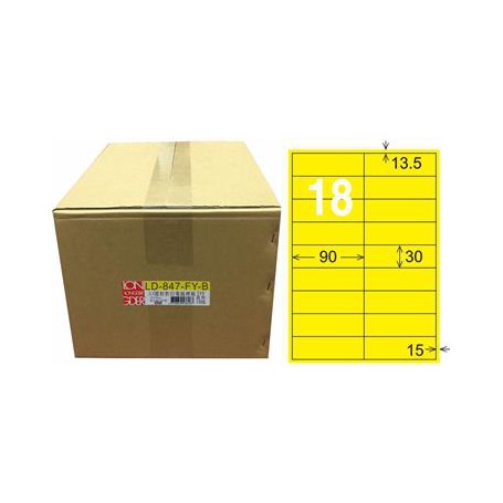 龍德 LD-847-FY-B A4雷射影印電腦標籤 銅版紙染色 螢光黃色 30x90mm 18格 1000 大張