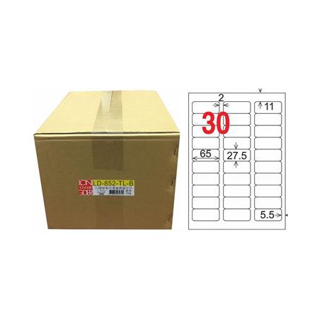 龍德 LD-852-TL-B A4雷射影印電腦標籤 透明PET材質 透明 27.5x65mm 30格 750大張