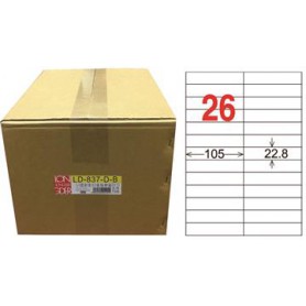 龍德 LD-837-D-B A4雷射影印電腦標籤 白色PET材質 白色 22.8x105mm 26格 750大張