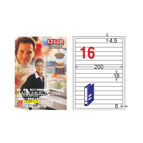 龍德 LD-865-TL-A A4雷射影印電腦標籤 透明PET材質 透明 18x200mm 16格 80大張