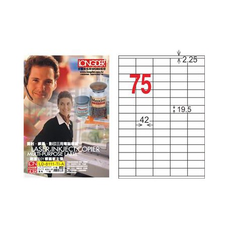 龍德 LD-8111-TI-A A4噴墨影印電腦標籤 透明PET材質 透明 19.5x42mm 75格 80大張