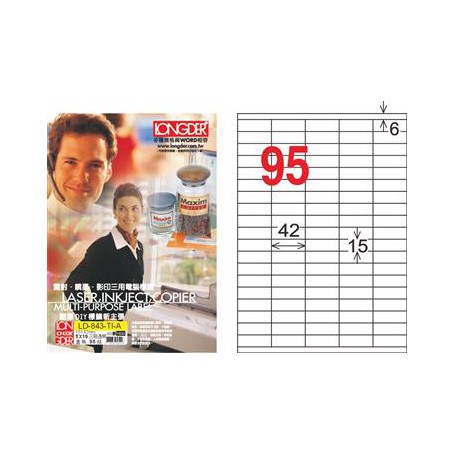 龍德 LD-843-TI-A A4噴墨影印電腦標籤 透明PET材質 透明 15x42mm 95格 80大張