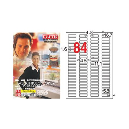 龍德 LD-827-TI-A A4噴墨影印電腦標籤 透明PET材質 透明 11.1x46mm 84格 80大張