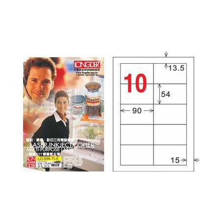 龍德 LD-898-TI-A A4噴墨影印電腦標籤 透明PET材質 透明 54x90mm 10格 80大張