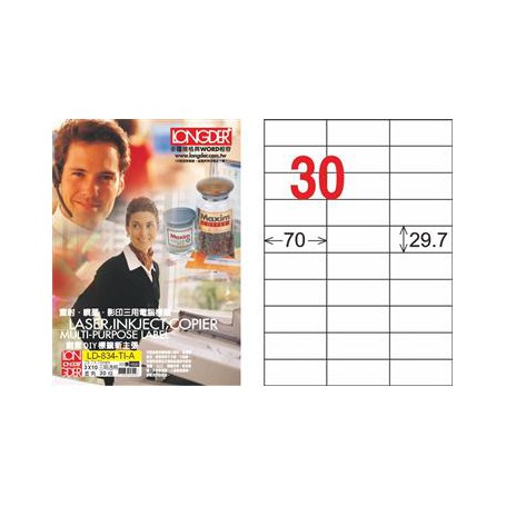 龍德 LD-834-TI-A A4噴墨影印電腦標籤 透明PET材質 透明 29.7x70mm 30格 80大張