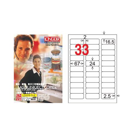 龍德 LD-819-TI-A A4噴墨影印電腦標籤 透明PVC材質 透明 24x67mm 33格 80大張