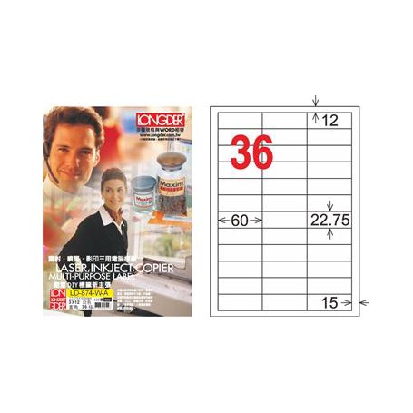 龍德 LD-874-W-A A4三用電腦標籤 36格 白色 105大張